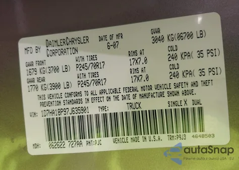 2007 Dodge Ram 1500 St z USA, uszkodzony, nr VIN 1D7HA18P97J635901
